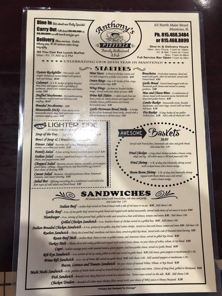 Menu at Anthony's Pizzeria, Manteno