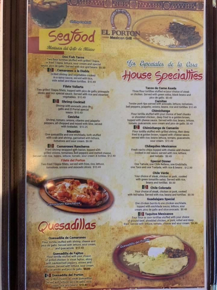 Menu at El Porton Mexican Grill restaurant, Shenandoah