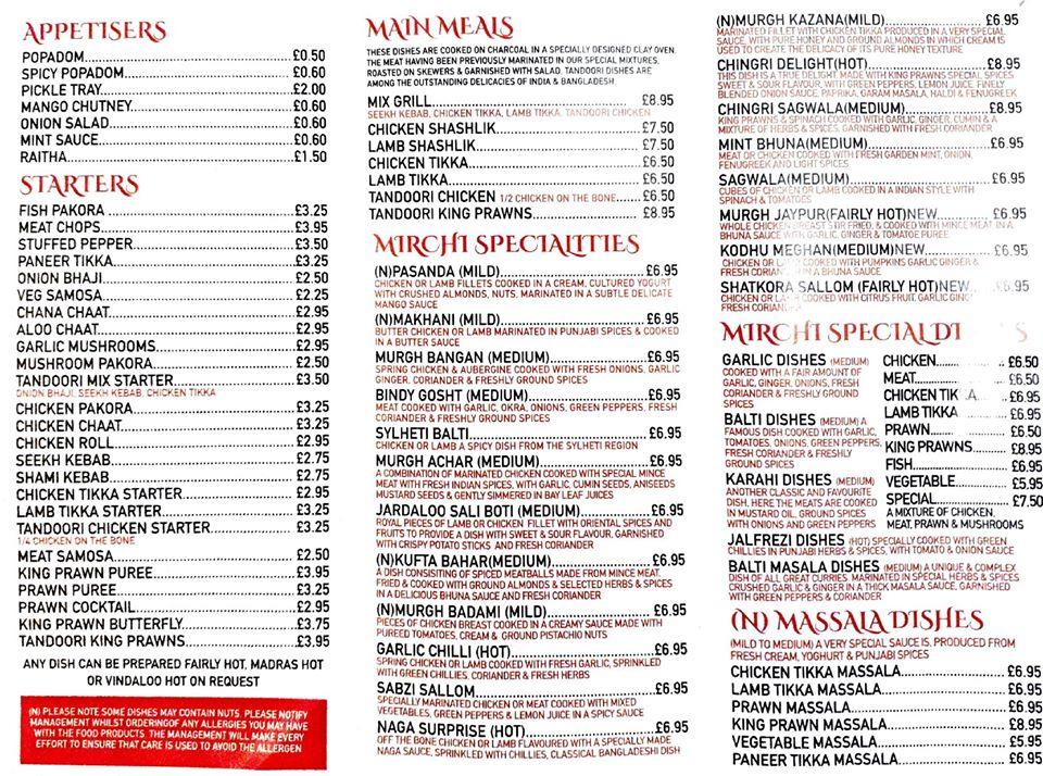 Menu at Mirchi fast food, Moorends