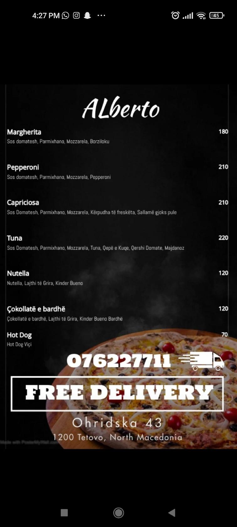 Menu at Pizzeria Alberto, Tetovo