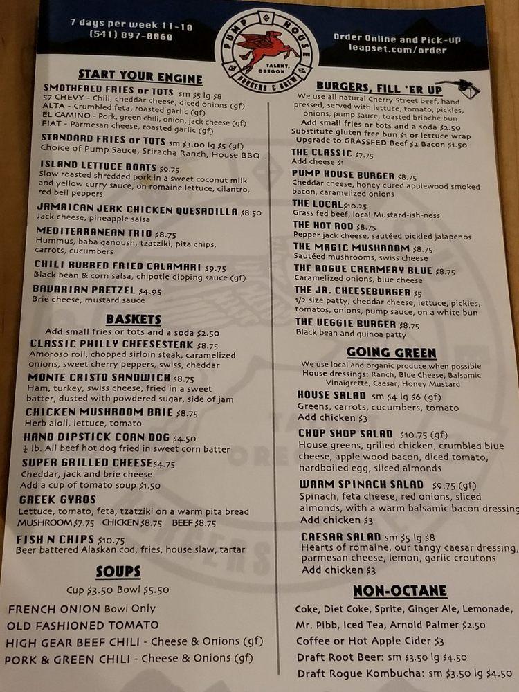 Menu at Pump House Burgers and Brew pub & bar, Talent