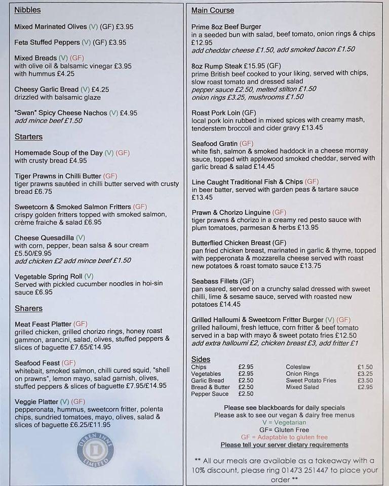 Menu at The Swan pub & bar, Ipswich, Westerfield Rd