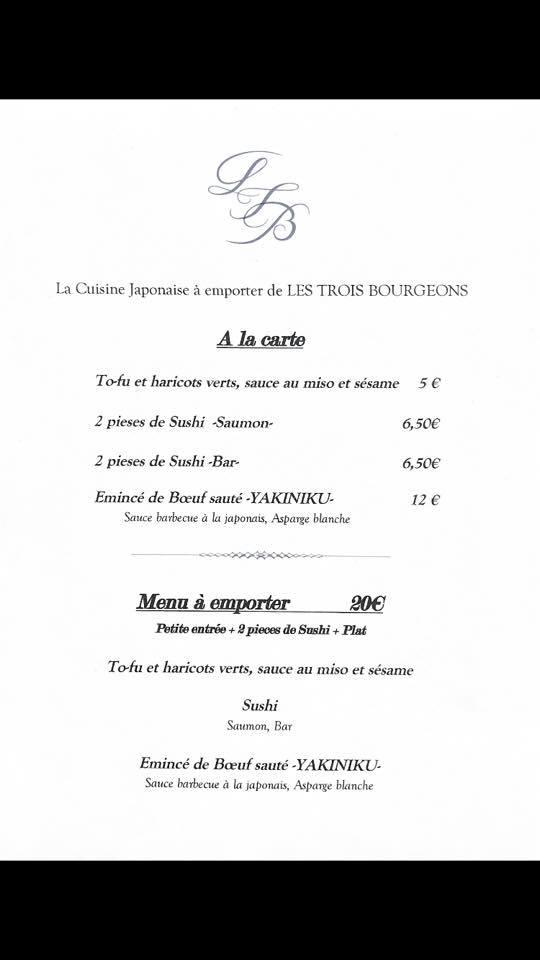 Menu at Les Trois Bourgeons restaurant, Chablis