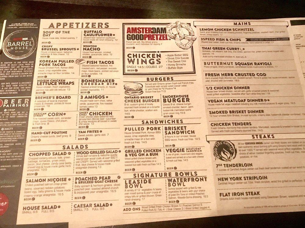 Menu at Amsterdam Barrel House, Toronto