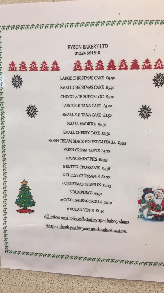 Menu at Byron Bakery, Aberdeen