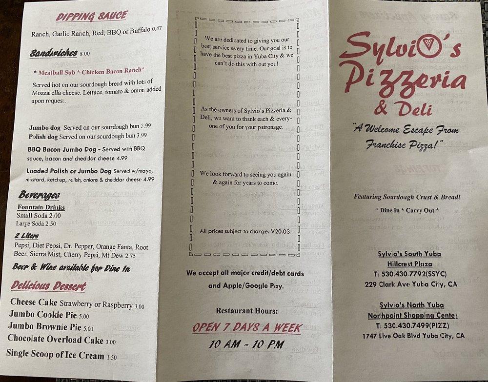 Menu at Sylvio's Pizzeria South Yuba, Yuba City