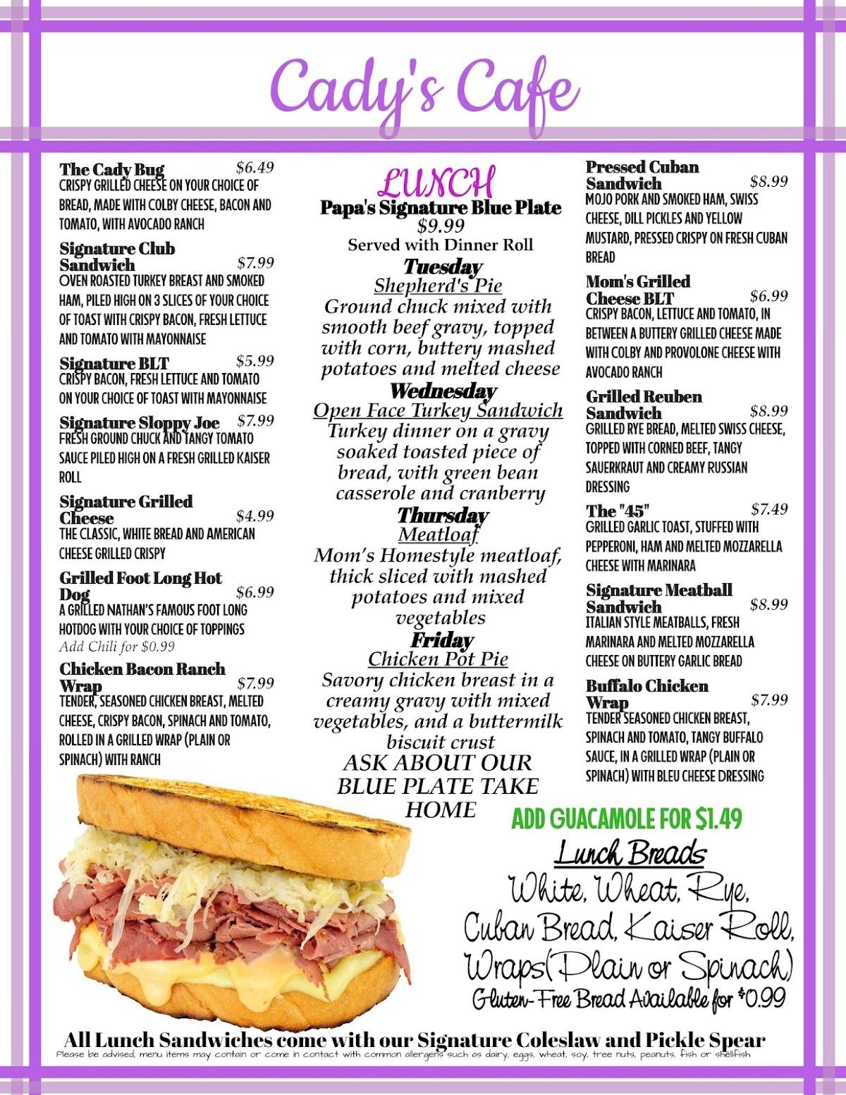 Menu at Cady's Cafe, Inverness