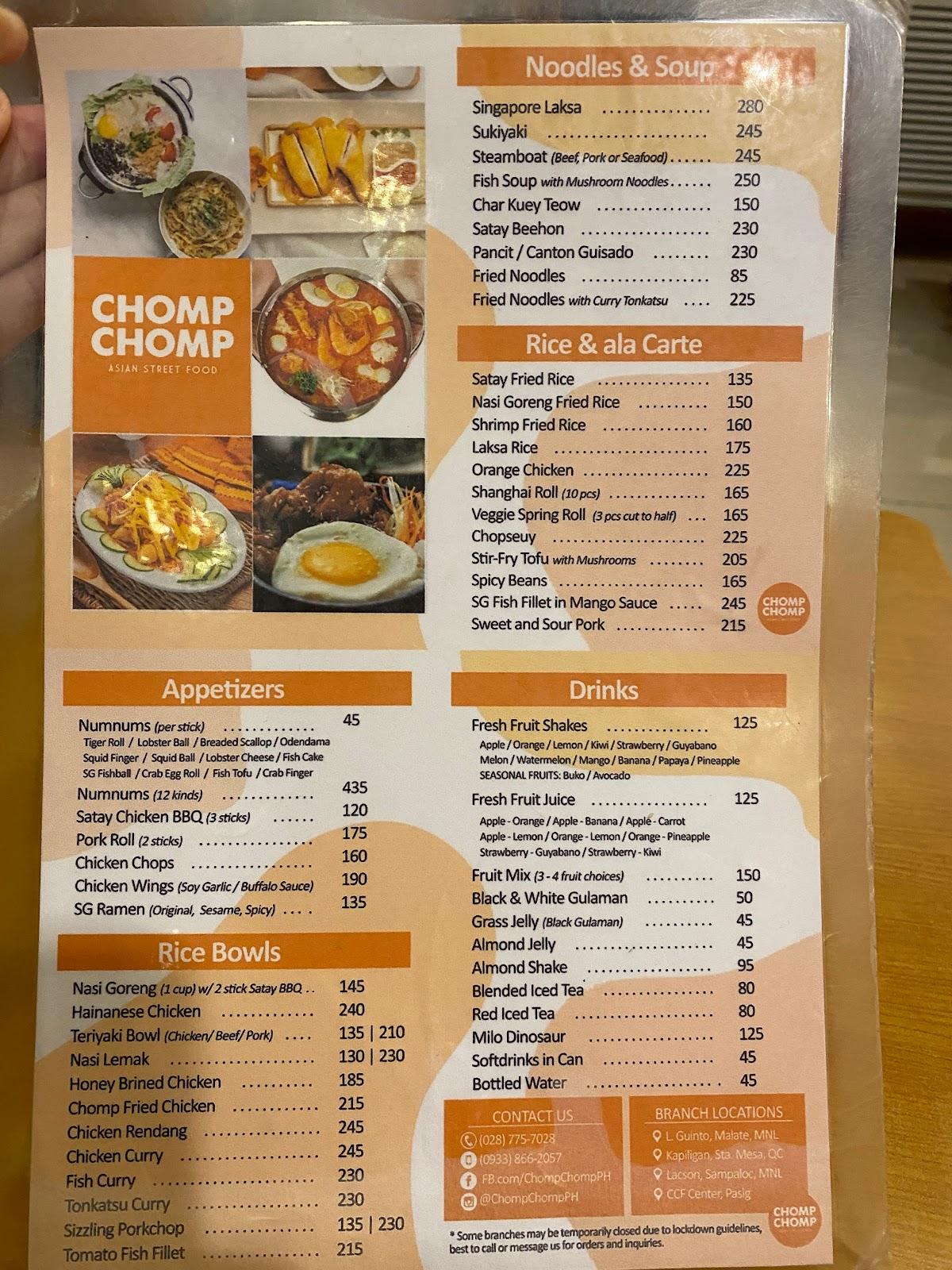 Menu at Chomp Chomp fast food, Manila, 2450 Leon Guinto St