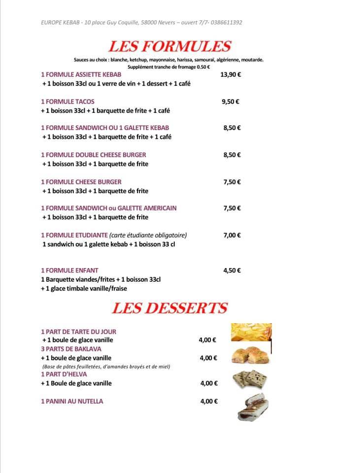 Menu at Sarl Europe Kebab pub & bar, Nevers