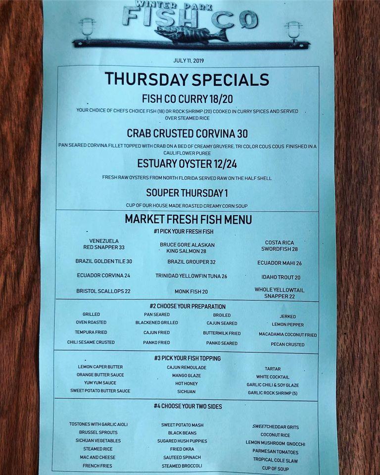 Menu at Winter Park Fish Company restaurant, Winter Park
