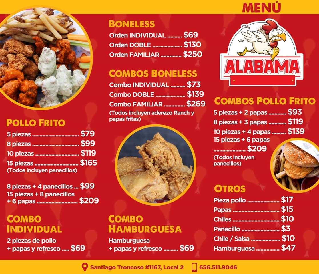 Menu at Alabama Fried Chicken restaurant, Ciudad Juarez, Ejercito y