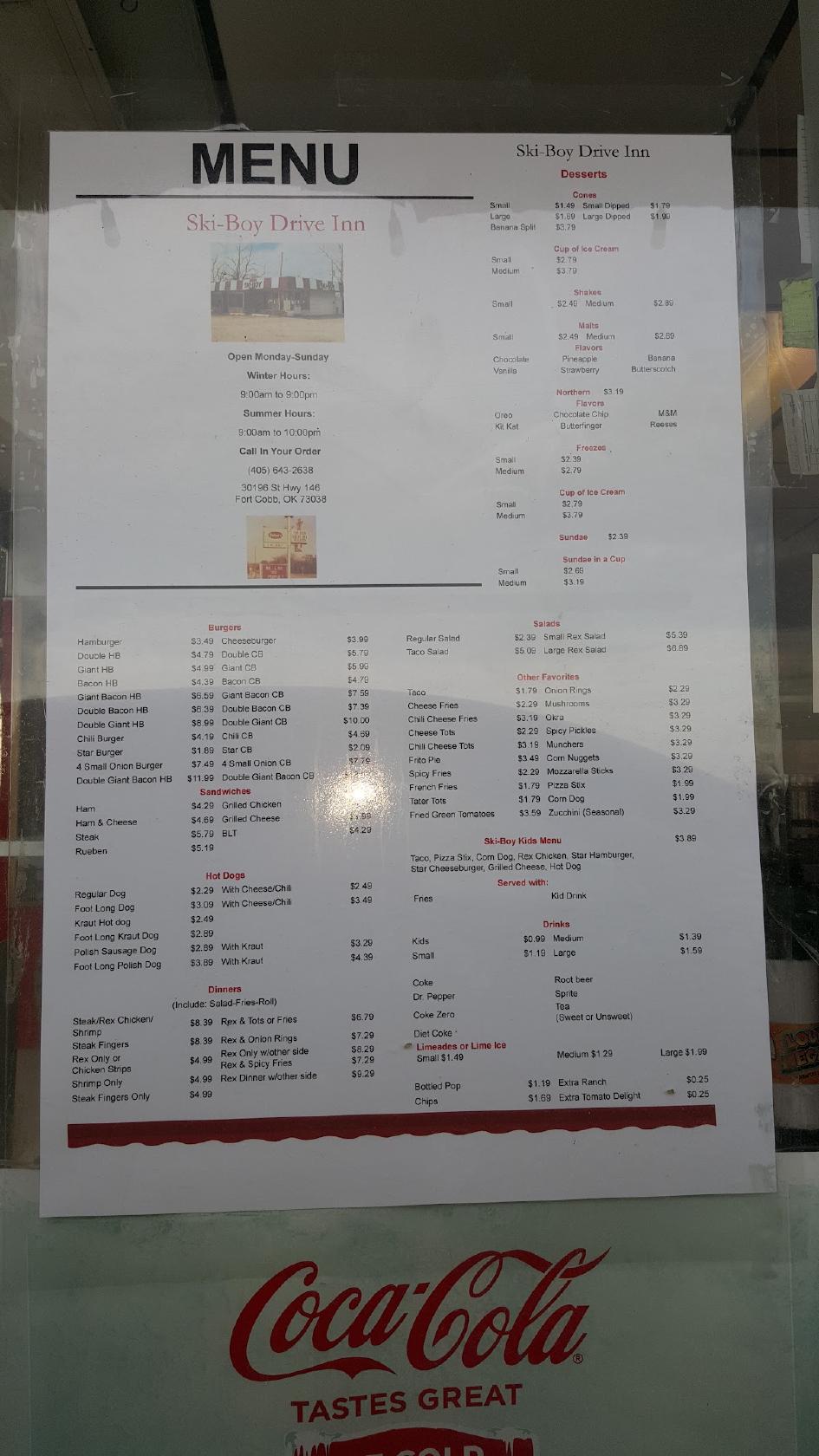 Menu at SkiBoy Drive Inn restaurant, Fort Cobb