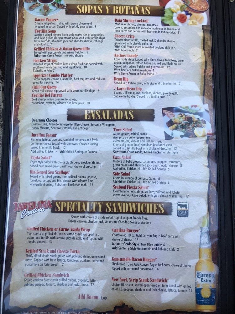 Menu at Javelina Cantina pub & bar, Lake Havasu City