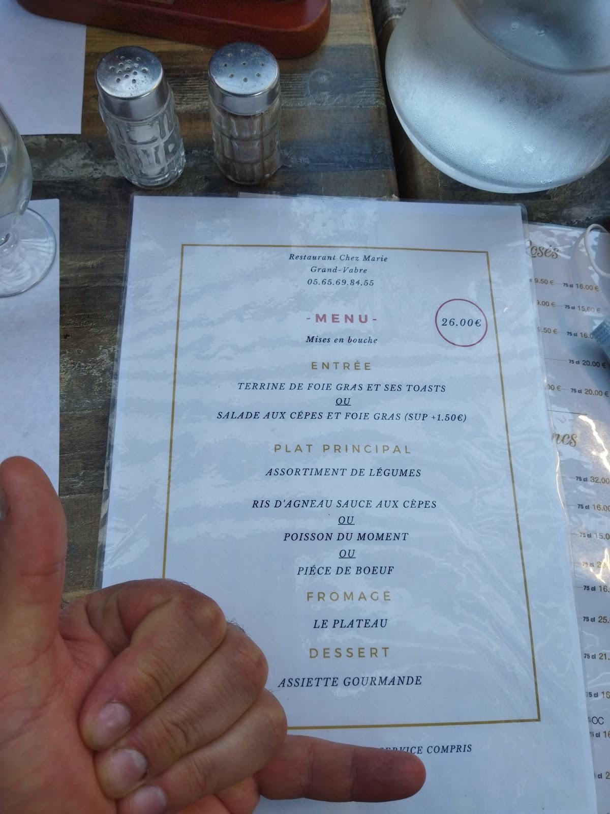 Menu au Restaurant Chez Marie GrandVabre, GrandVabre, Le Bourg