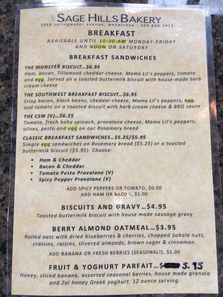 Menu at Sage Hills Bakery, Wenatchee