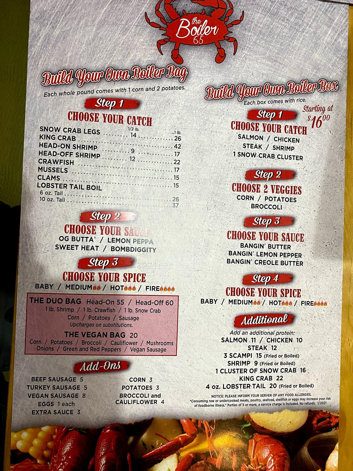Menu at The Boiler 65 restaurant, Cleveland, Detroit Ave