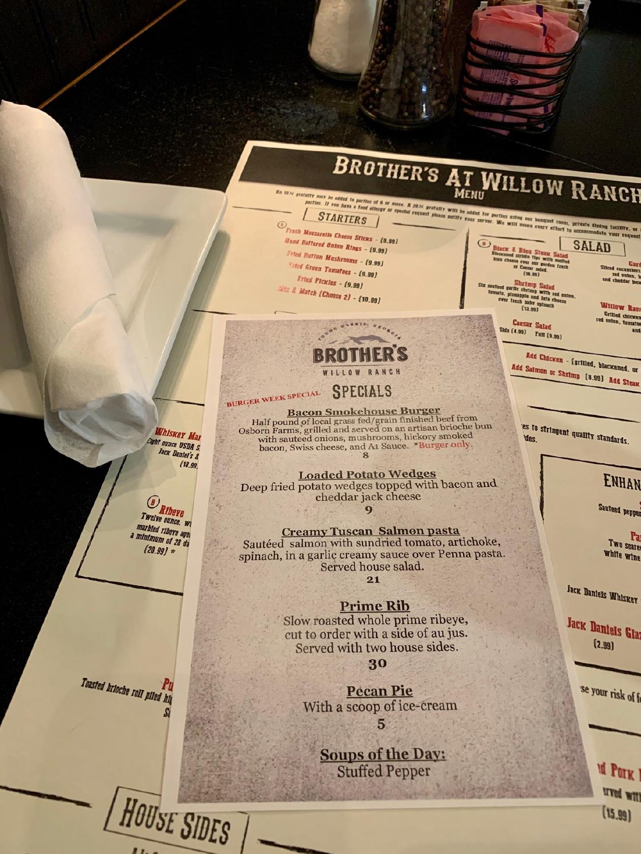 Menu at Brother's at Willow Ranch restaurant, Young Harris
