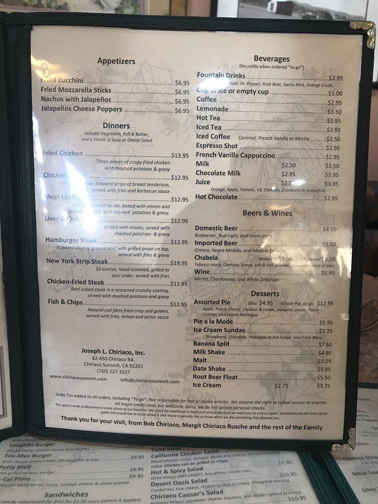 Menu at Chiriaco Summit Restaurant, Chiriaco Summit