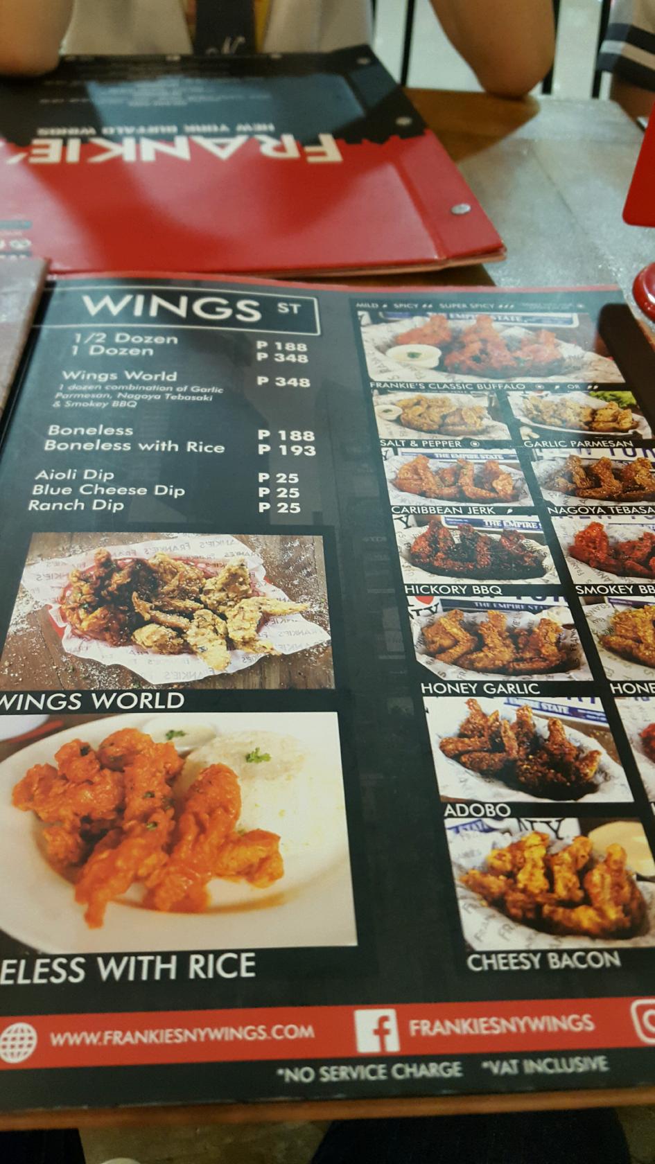 Menu at Frankie's New York Buffalo Wings restaurant, Quezon City, SM North Edsa Access Road
