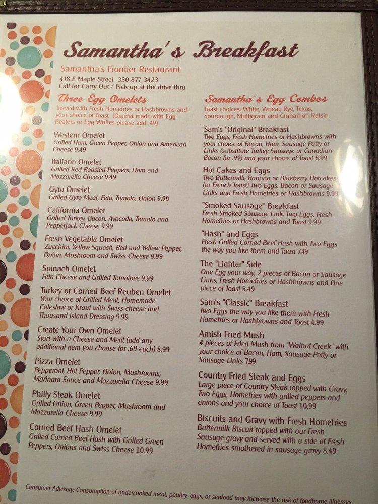 Menu at Samanthas Frontier Restaurant, Hartville