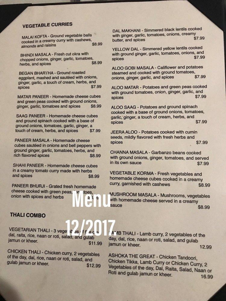 Menu at Ashoka The Great Cuisine Of India restaurant, Artesia