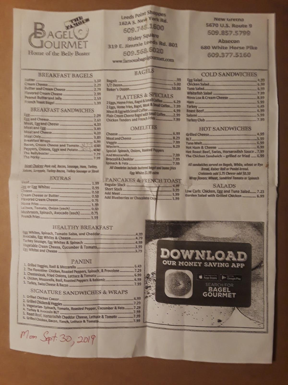 Menu at Bagel Gourmet cafe, Absecon, 680 White Horse Pike