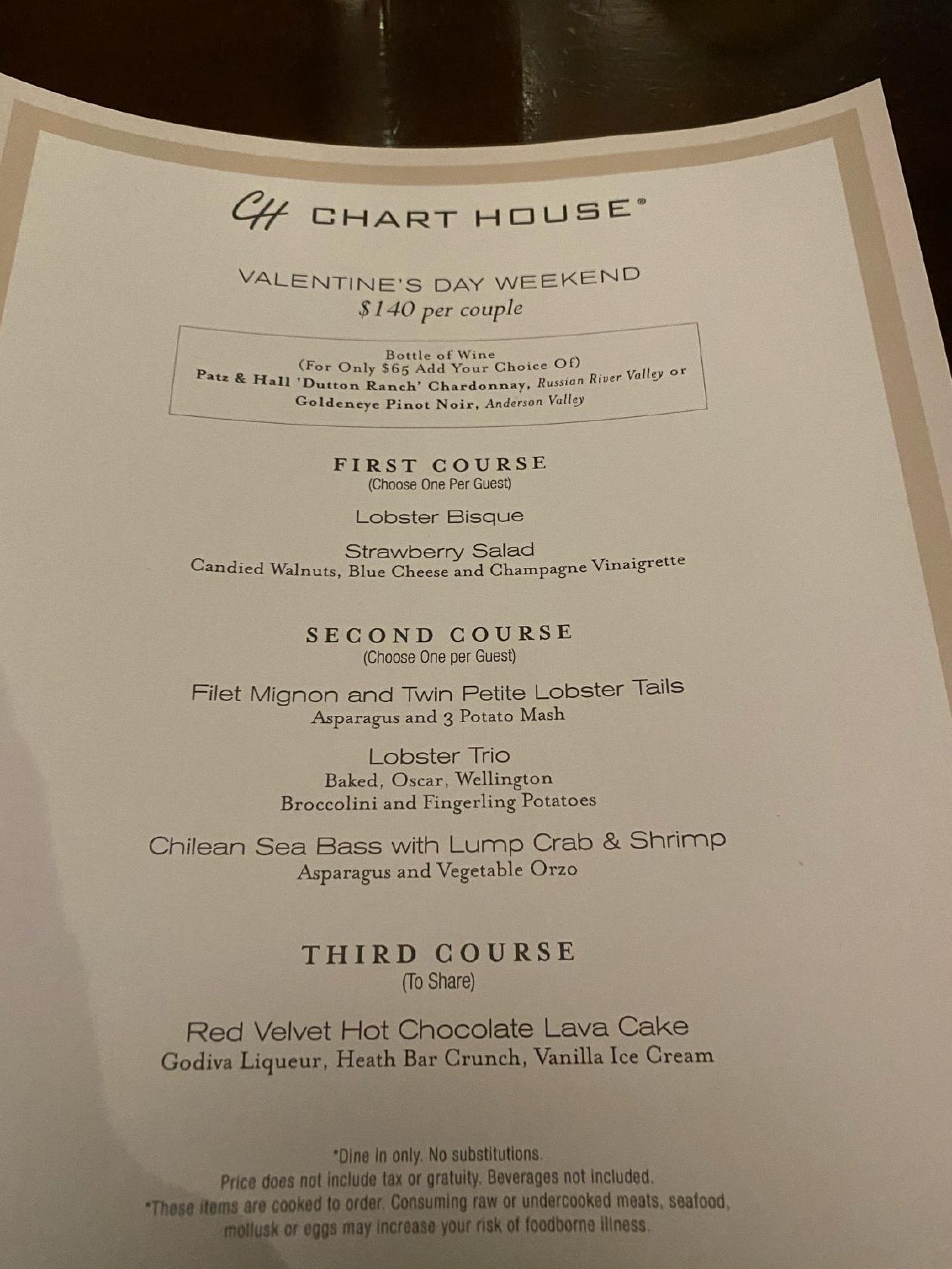 Menu at Chart House steakhouse, Las Vegas