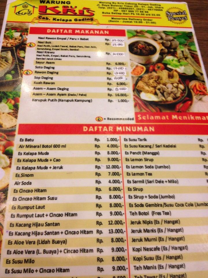 Menu at Warung Bu Kris restaurant, Jakarta, Graha Parkview