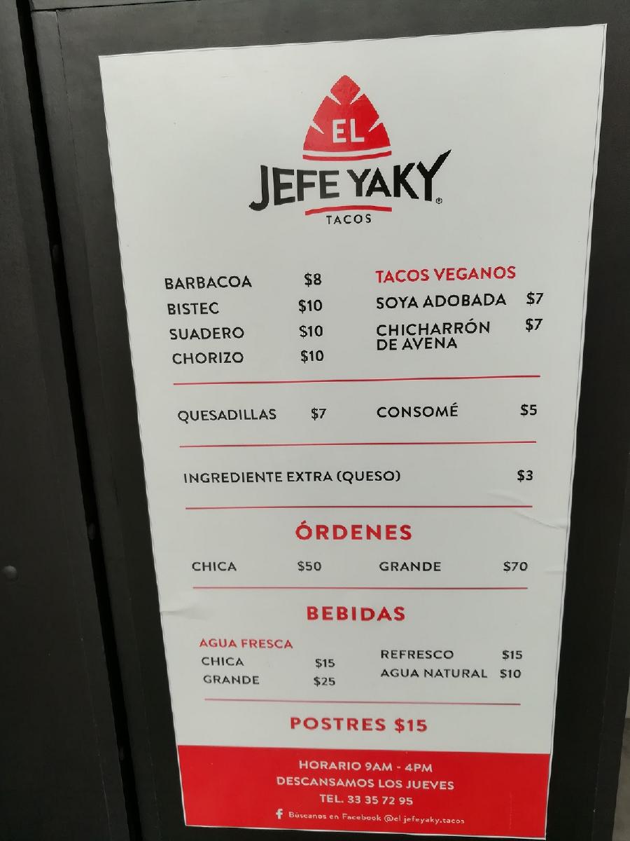 Menu at El Jefe Yaky Tacos Lomas del Aeropuerto restaurant, Las Pintitas