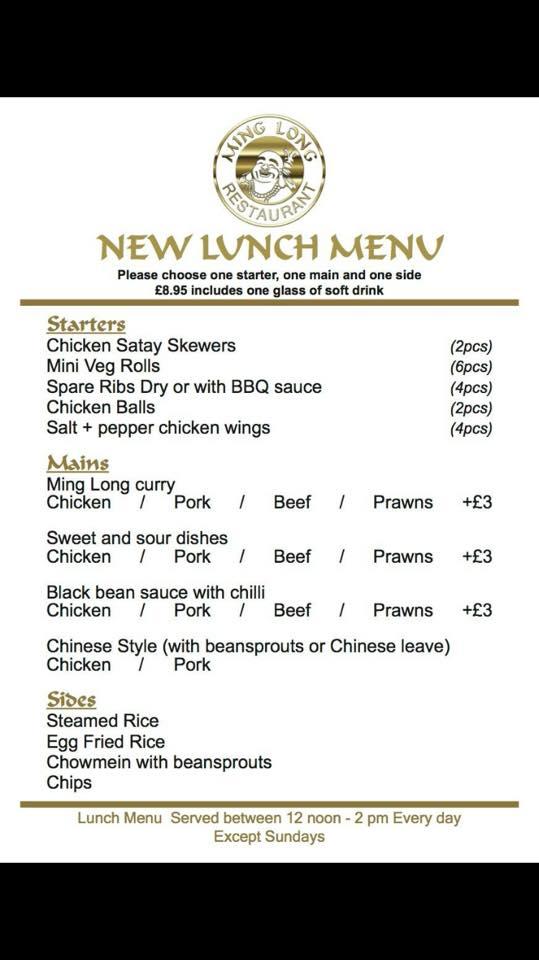 Menu at Ming Long Chinese Restaurant & Takeaway, South Ockendon