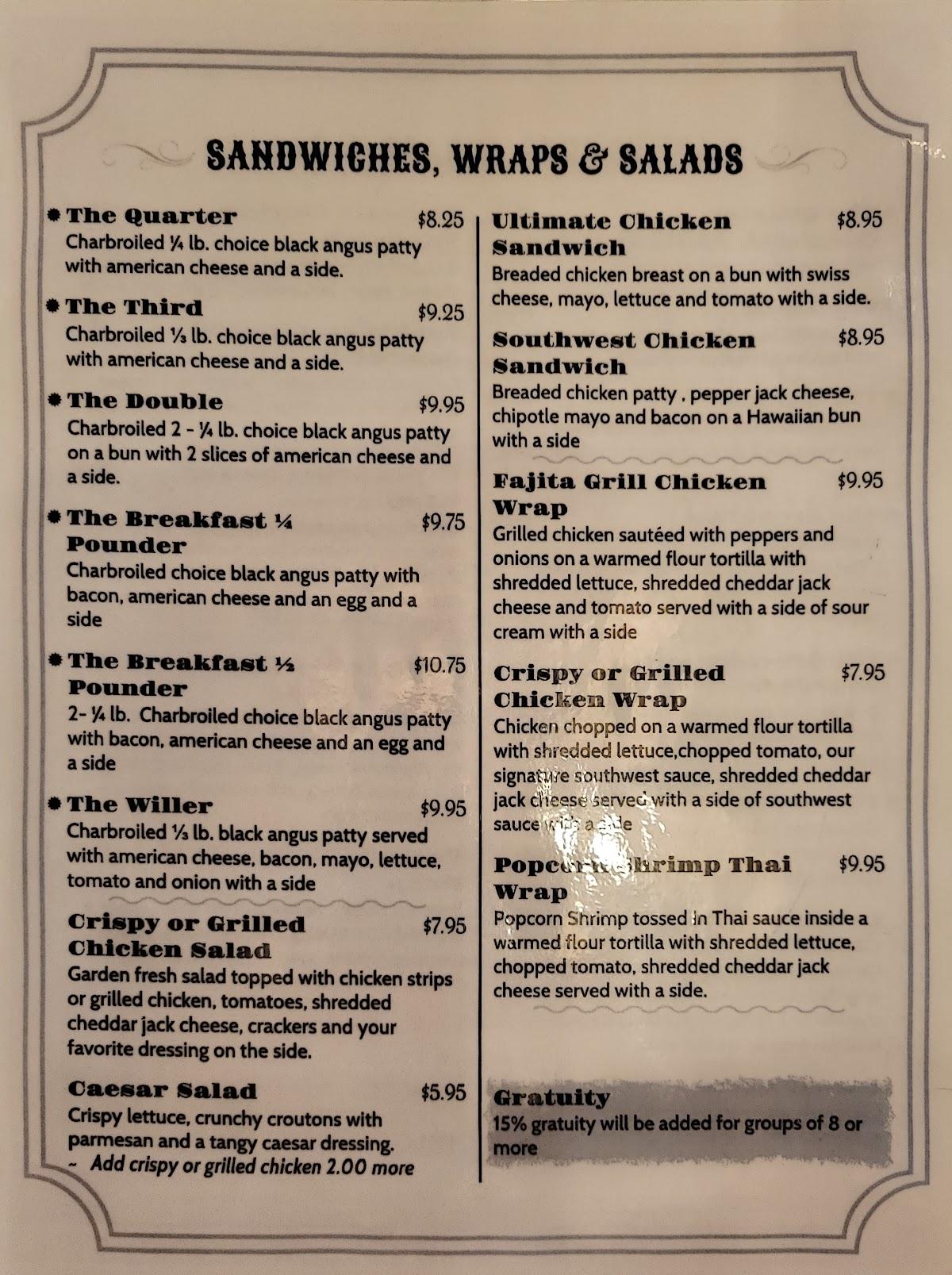 Menu at Willers Casual Dining steakhouse, Phillipsburg