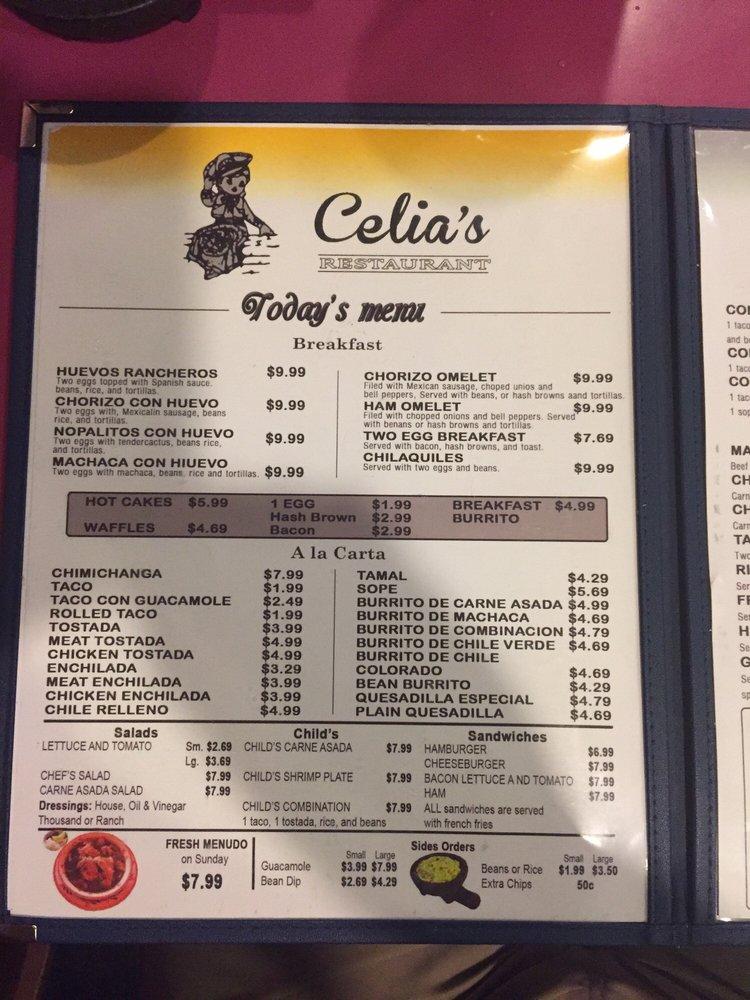 Menu at Celia's Restaurant, El Centro