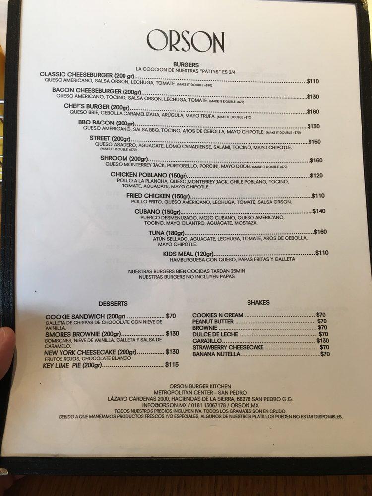 Carta del restaurante Orson Burgers, Monterrey, Av Lázaro Cárdenas 2400