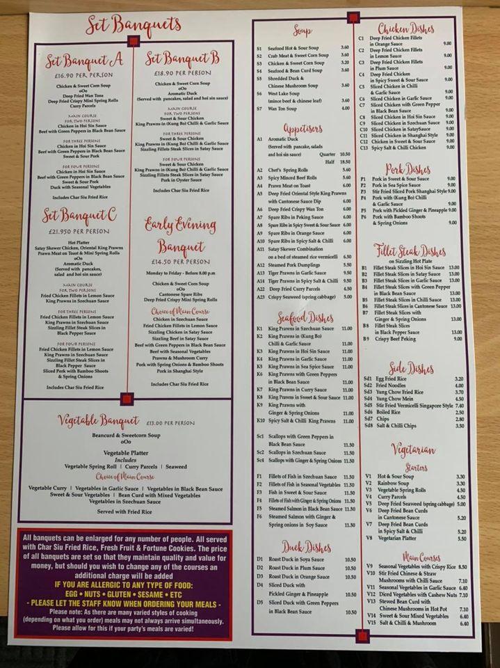 Menu at Chengs restaurant, Whitley Bay