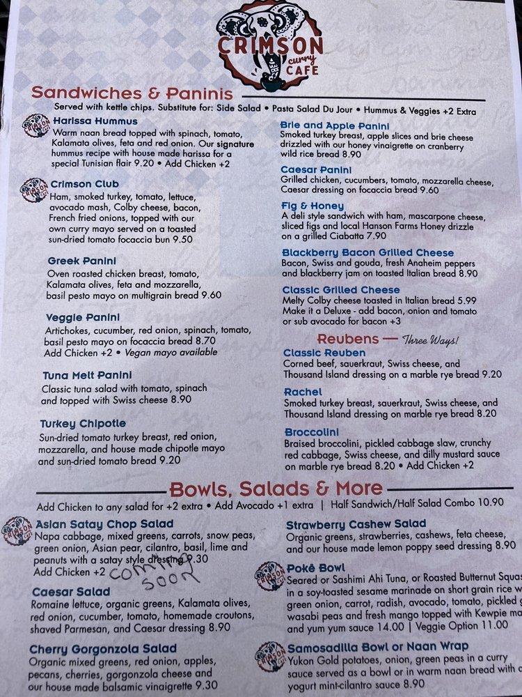 Menu at The Crimson Cafe, Rhinelander