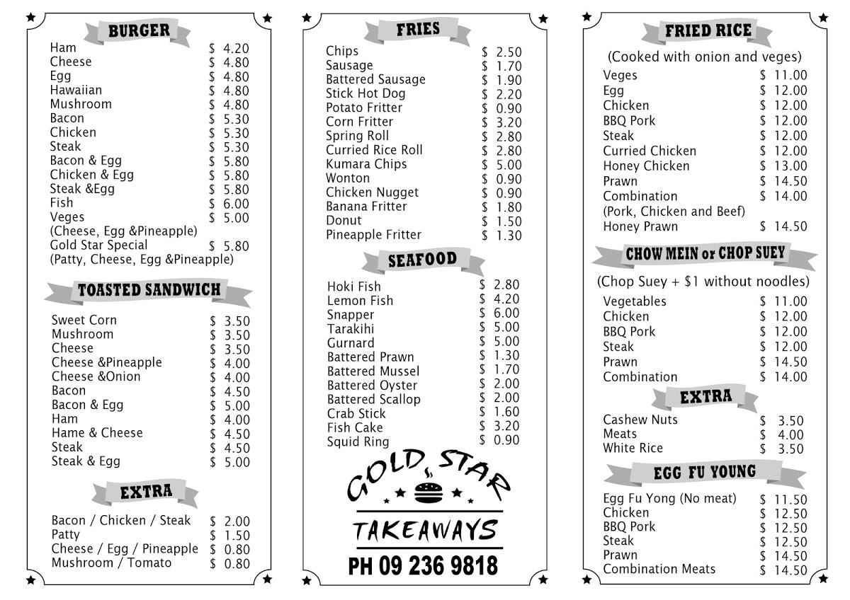 Menu at Goldstar Takeaways restaurant, Tuakau, 41 St