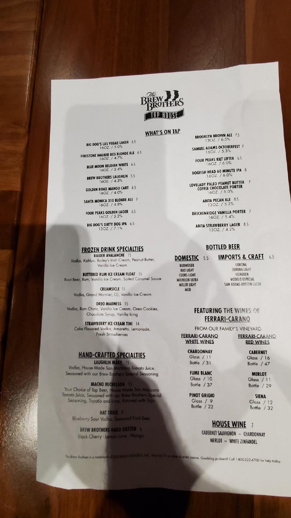 Menu at The Brew Brothers pub & bar, Laughlin, S Casino Dr