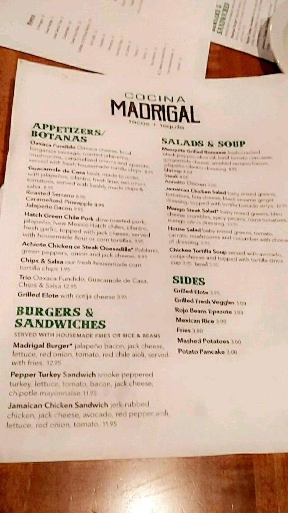 Menu at Cocina Madrigal Tacos + Tequila restaurant, Phoenix