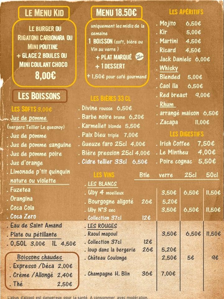 Menu au Soul kitchen restaurant, SaintAmandlesEaux