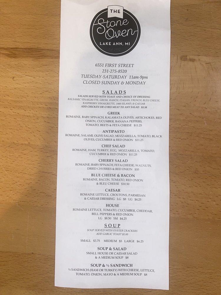 Menu at Stone Oven pizzeria, Lake Ann