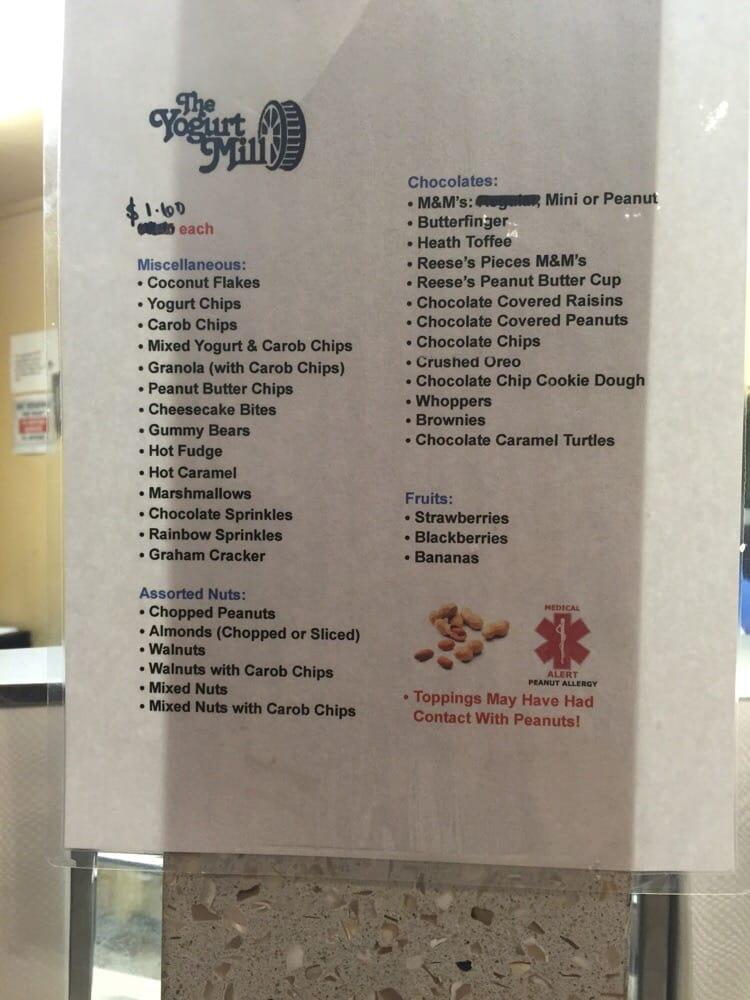 Menu at Yogurt Mill desserts, El Cajon, 935 Broadway