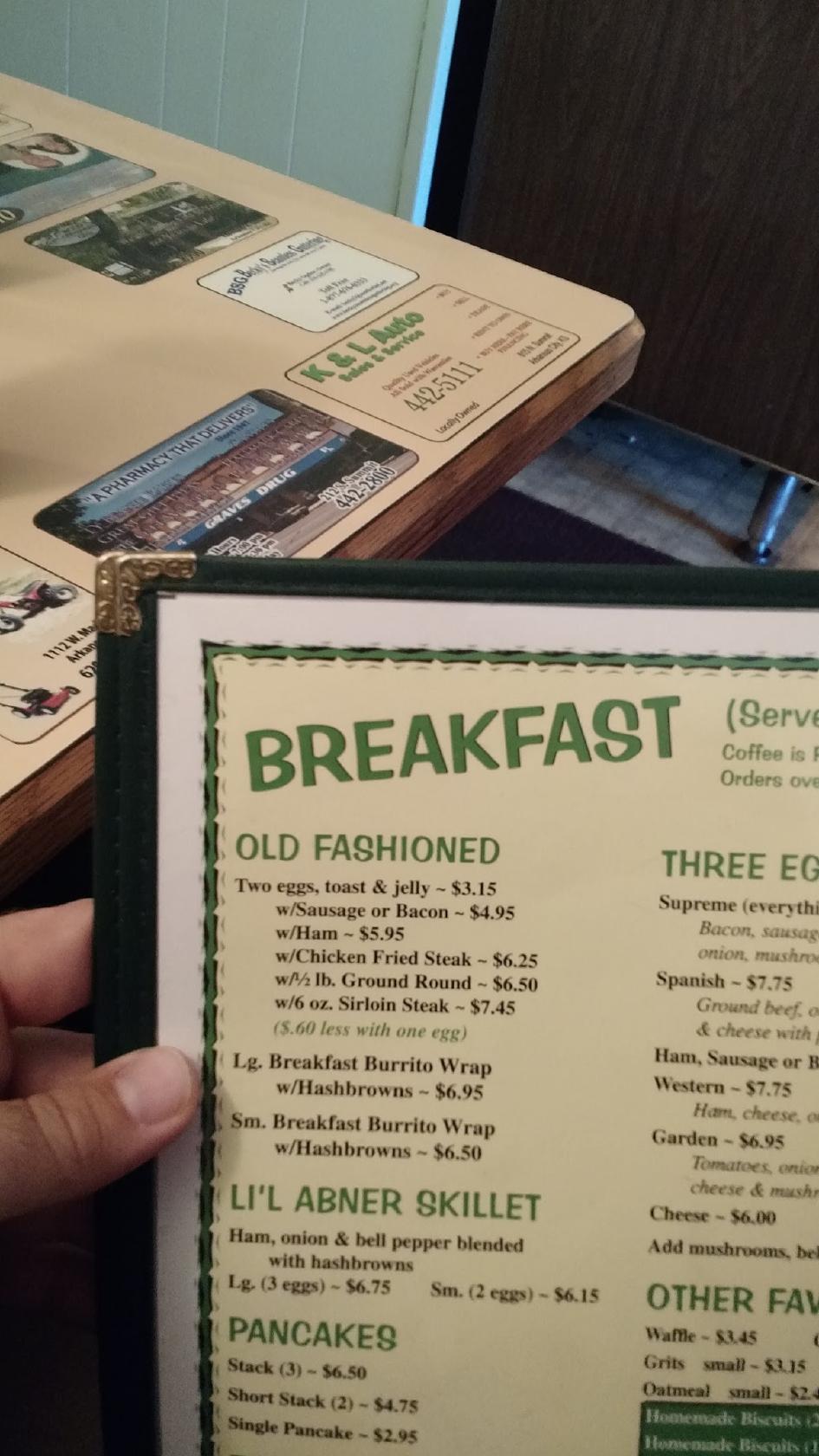 Menu at Daisy Mae's Cafe, Arkansas City