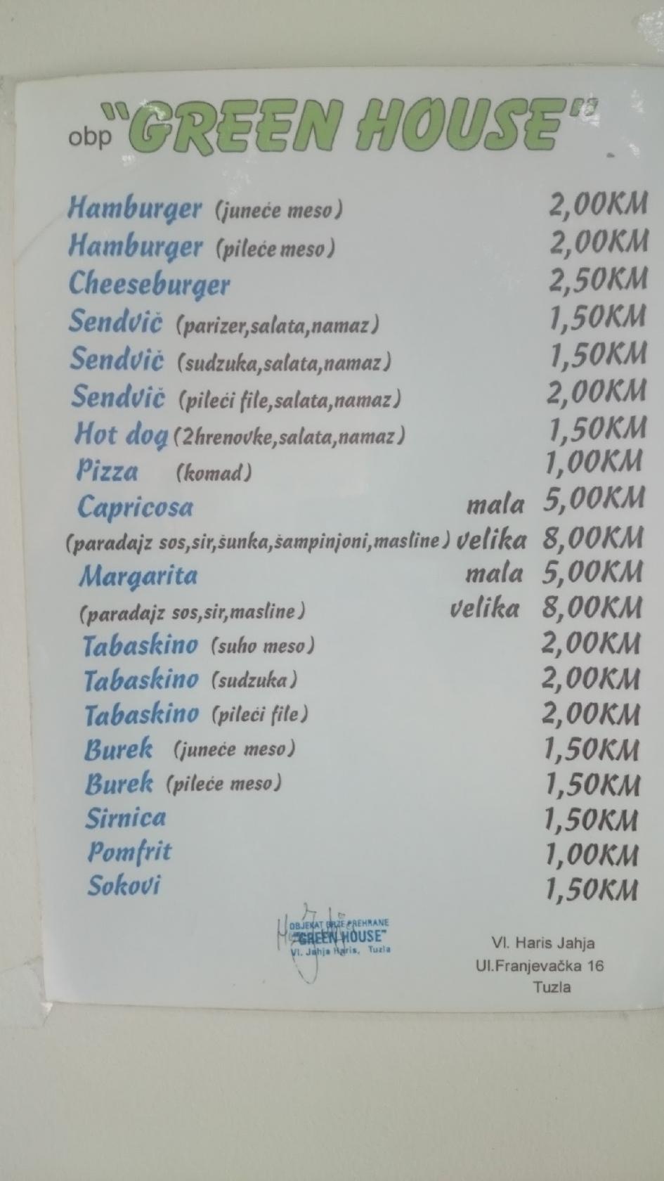 Menu at Greenhouse restaurant, Tuzla