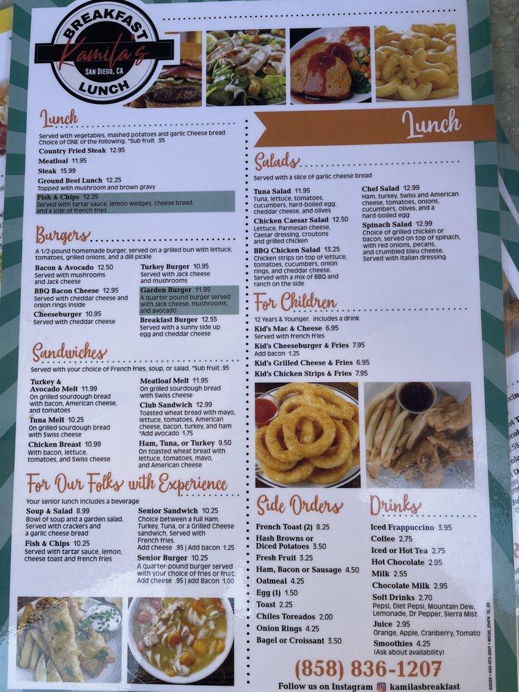 Menu at Kamila's Breakfast & Lunch restaurant, San Diego