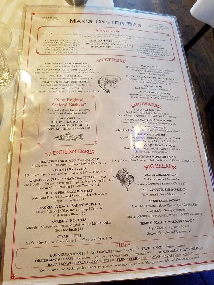 Menu at Max's Oyster Bar, West Hartford