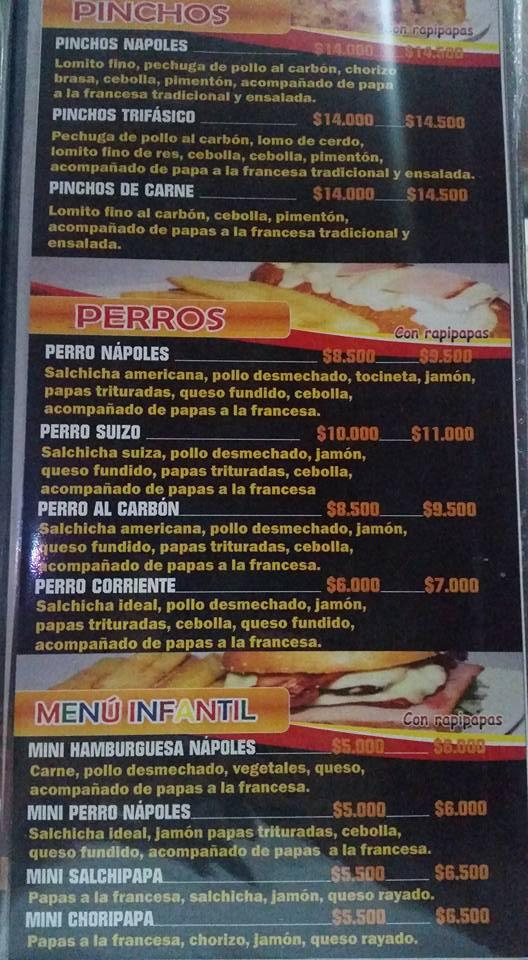 Menu at Napoles restaurant, San Alberto