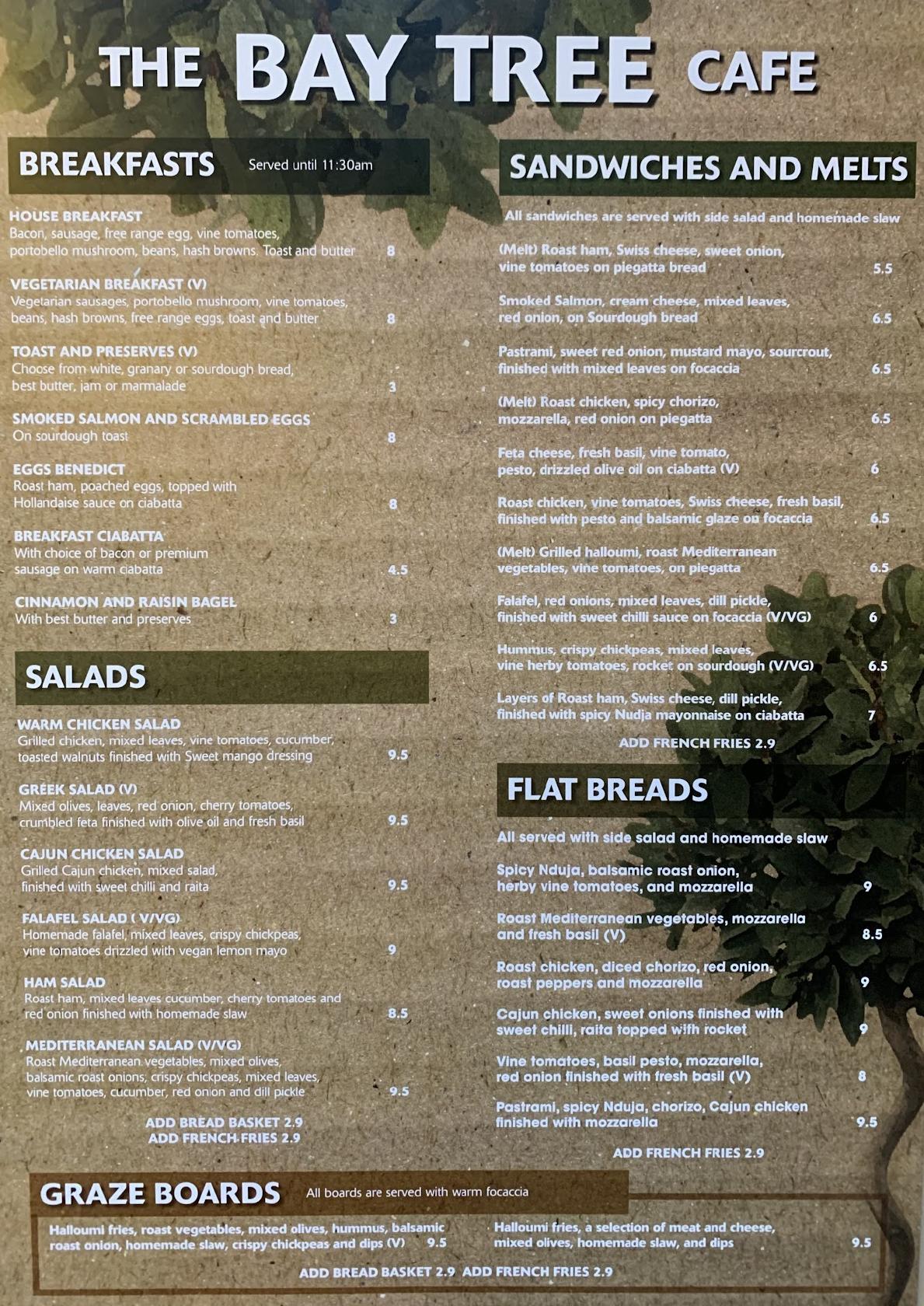 Menu at The Baytree cafe, Hebden Bridge