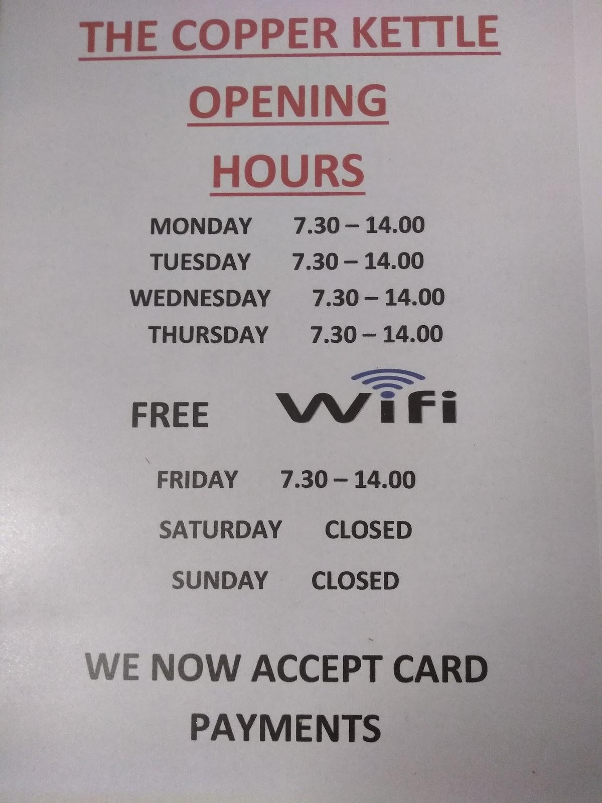 Menu at The Copper Kettle cafe, Sheffield, 45 Copper St