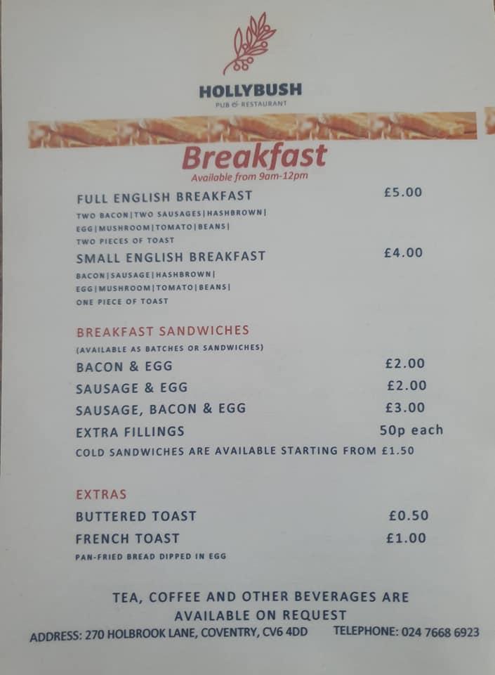 Menu at Hollybush pub & bar, Coventry, 270 Holbrook Ln