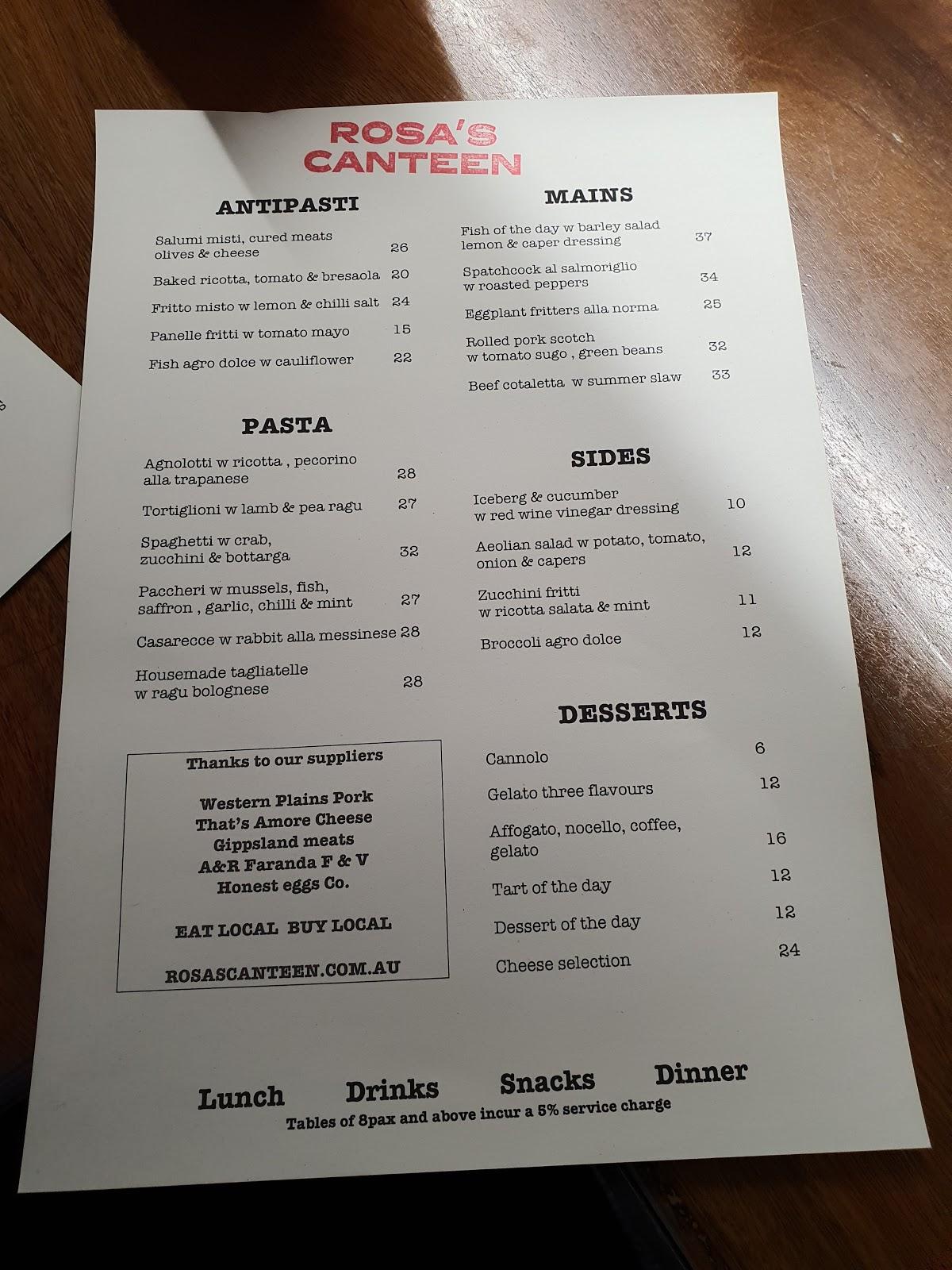 Menu at Rosa's Canteen restaurant, Melbourne